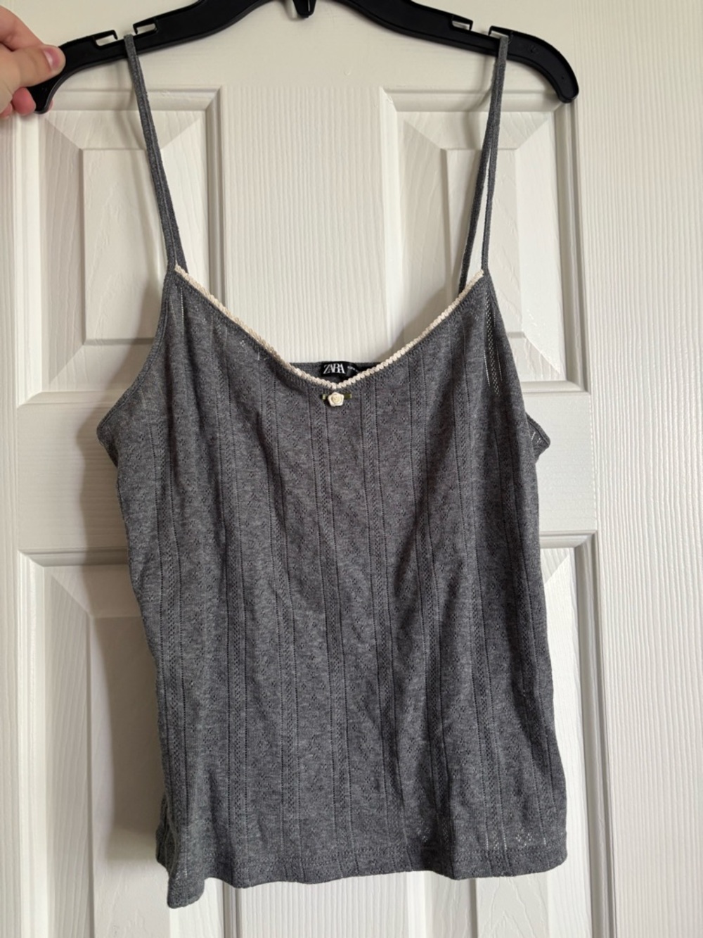 Zara Grey Ribbed Spaghetti Strap Camisole with Cream Trim